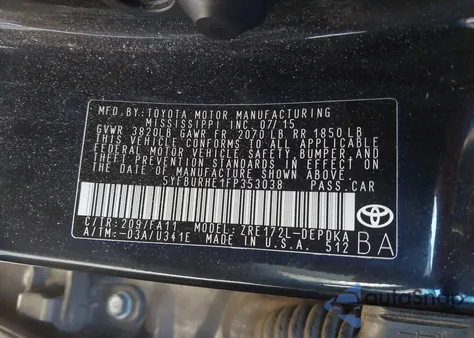 2015 Toyota Corolla L из США, поврежденный, VIN 5YFBURHE1FP353038